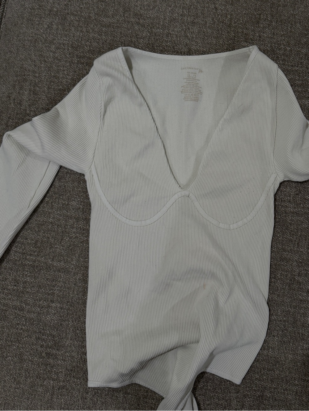 Free People Ivory Ribbed V-Neck Long Sleeve Bodysuit
